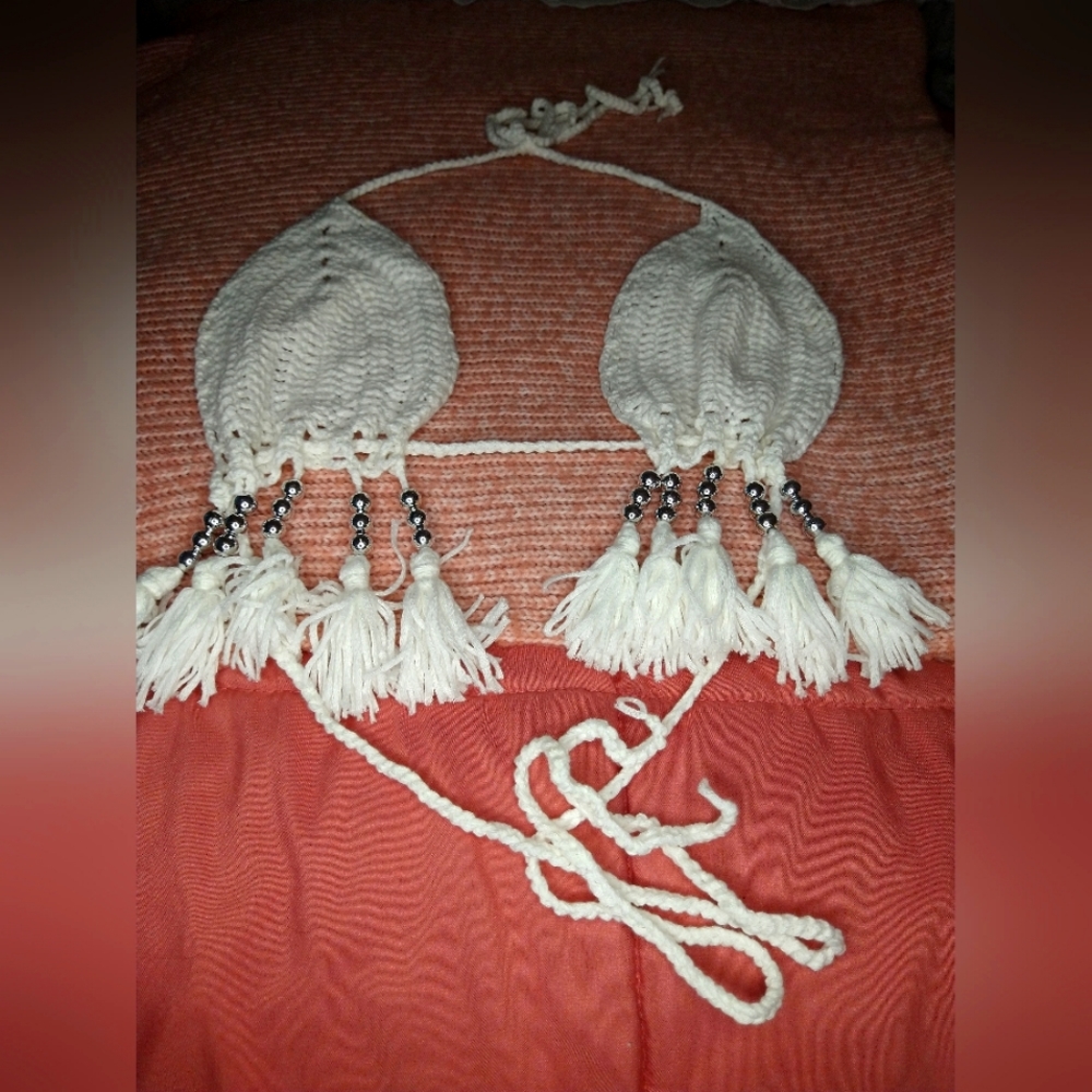 Crotche hand made beaded tassels bikini top.